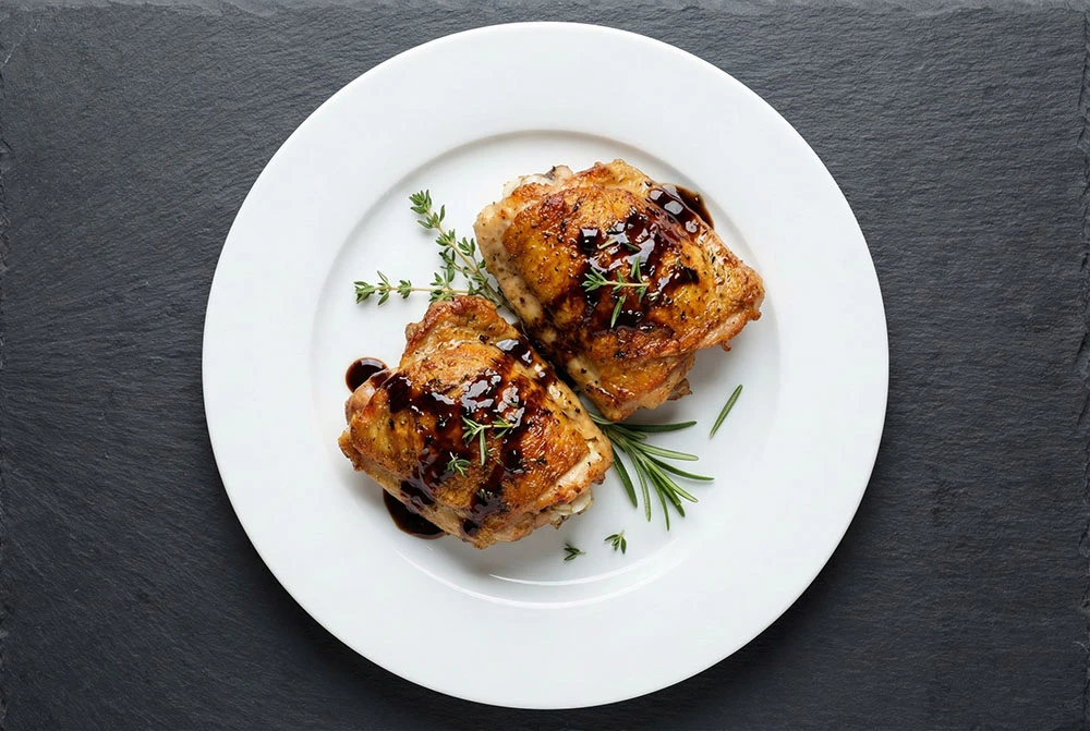 Tender, juicy chicken thighs seared to perfection, finished with a rich, glossy balsamic and herb reduction glaze.