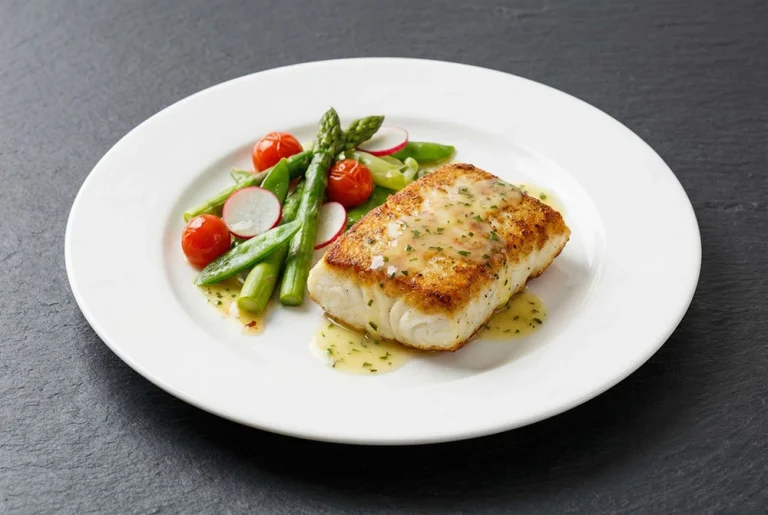 Pan Seared Halibut with Lemon Herb Emulsion and Chilled Vegetable Medley